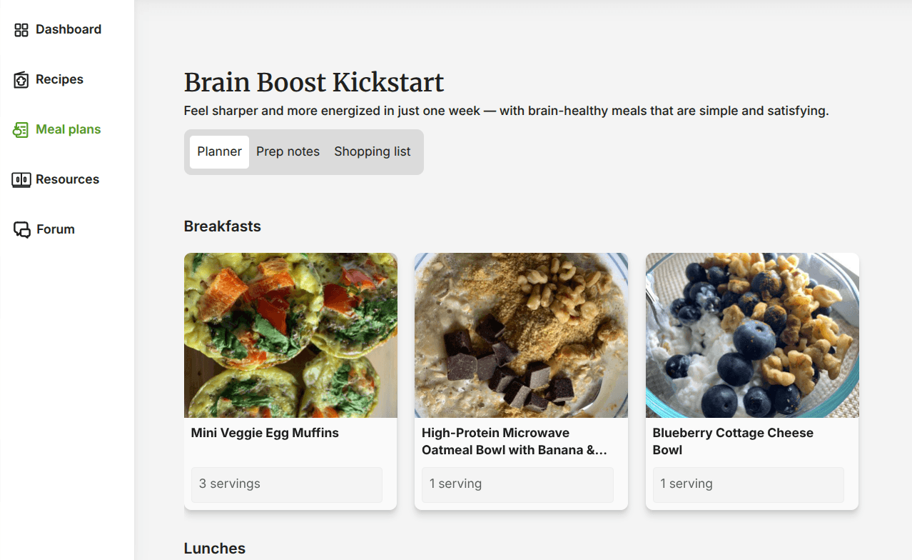 Sample Brain Boost Kickstart weekly recipe list from the MIND Diet Menu Planning tool