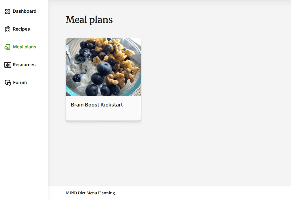 Preview of the MIND Diet Menu Planning dashboard showing weekly recipe lists