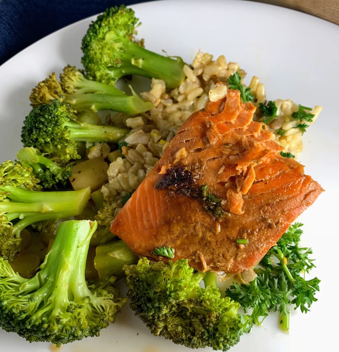 Teriyaki-Glazed Salmon with Sesame Broccoli & Herbed Brown Rice Pilaf