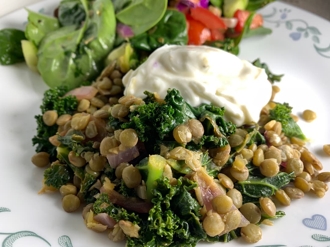 Warm Lentils and Greens with Lemon-Garlic Yogurt Sauce