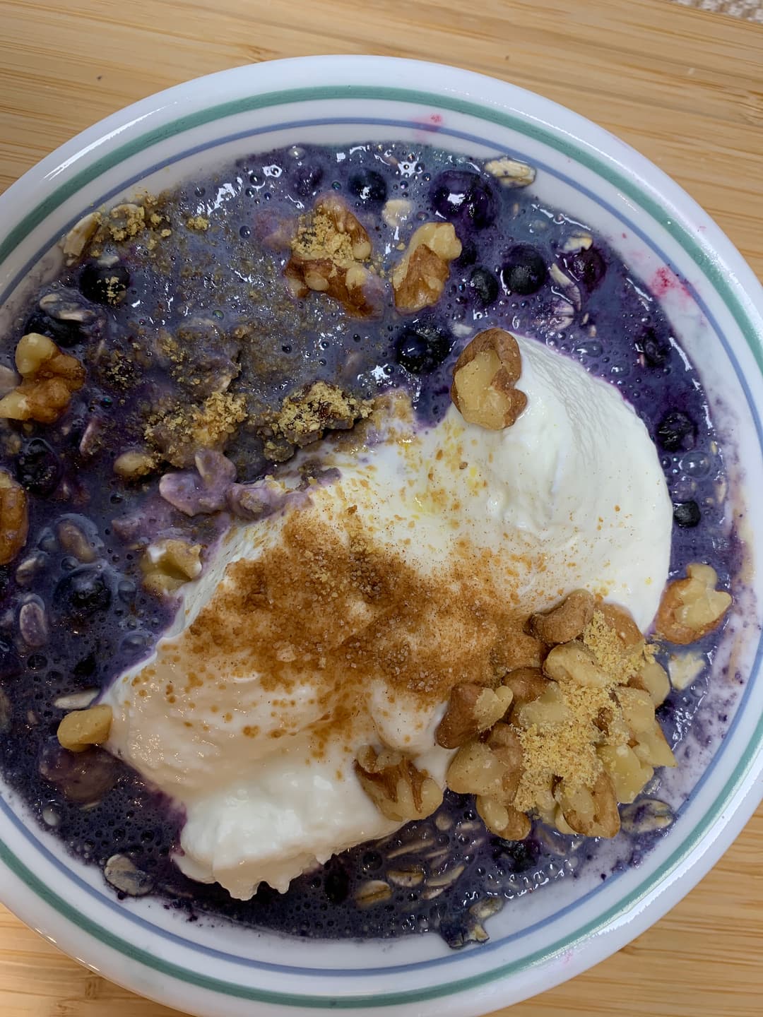 Microwave Banana-Blueberry Oatmeal with Greek Yogurt and Nuts