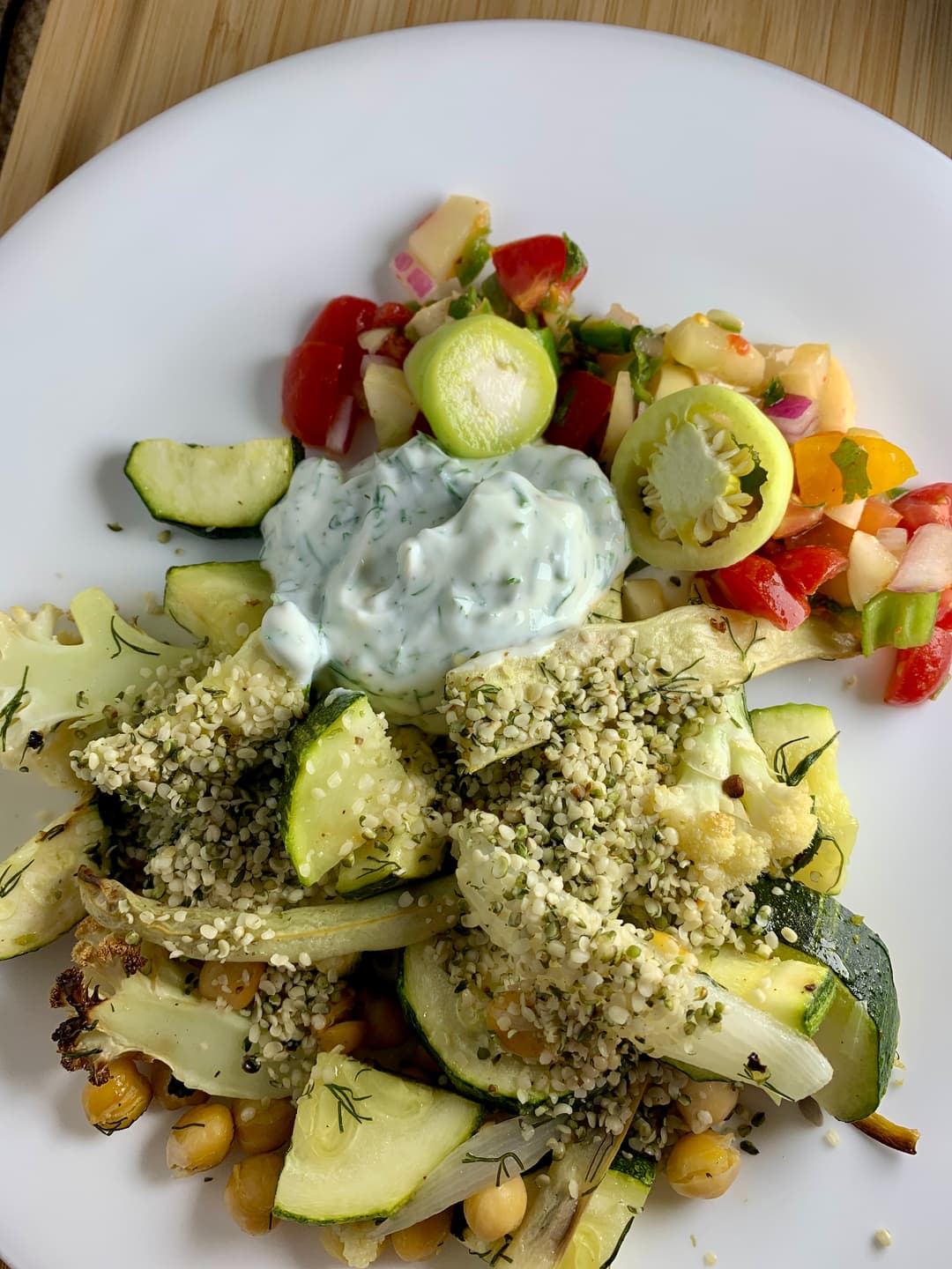 Sheet Pan Roasted Summer Veggies with Chickpeas, Hemp Seeds & Herbed Yogurt