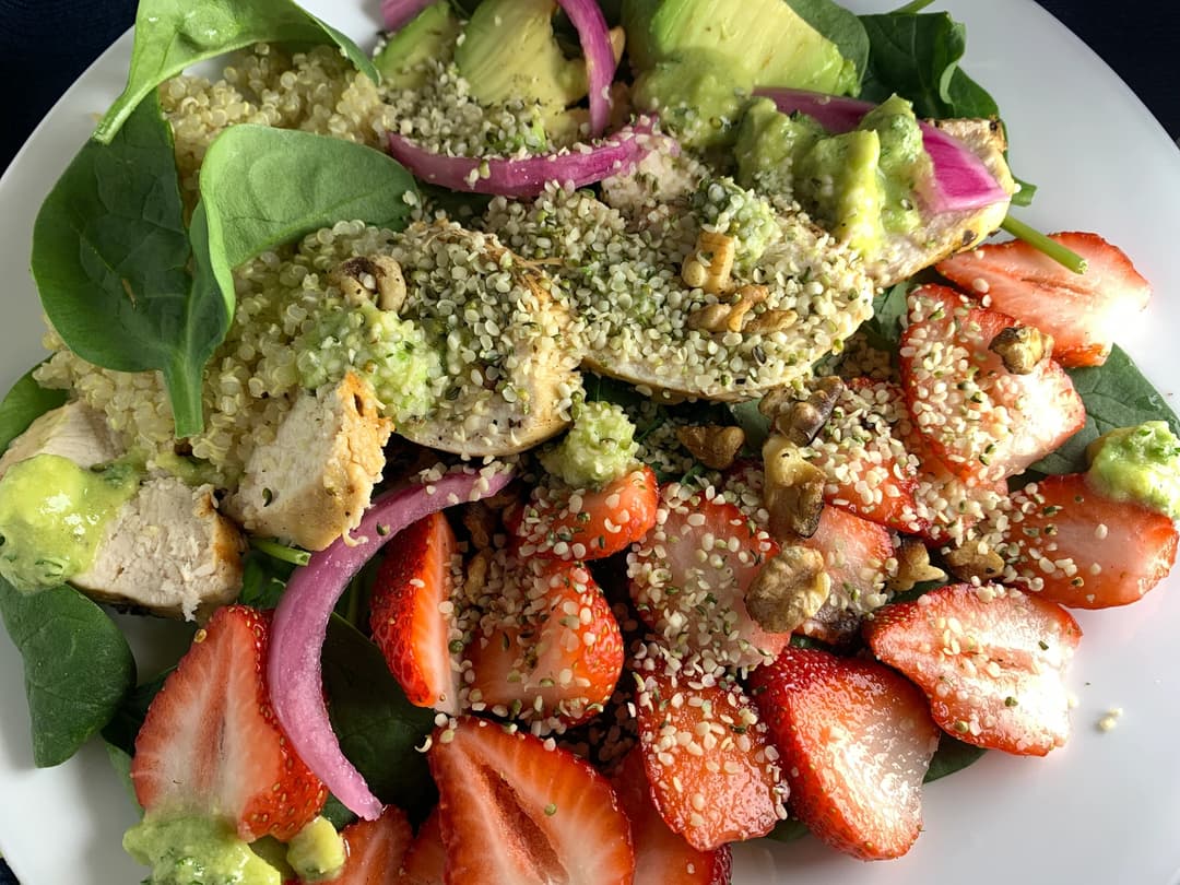 Strawberry & Walnut Spinach Salad with Herb Chicken & Avocado-Lime Vinaigrette (MIND Diet)
