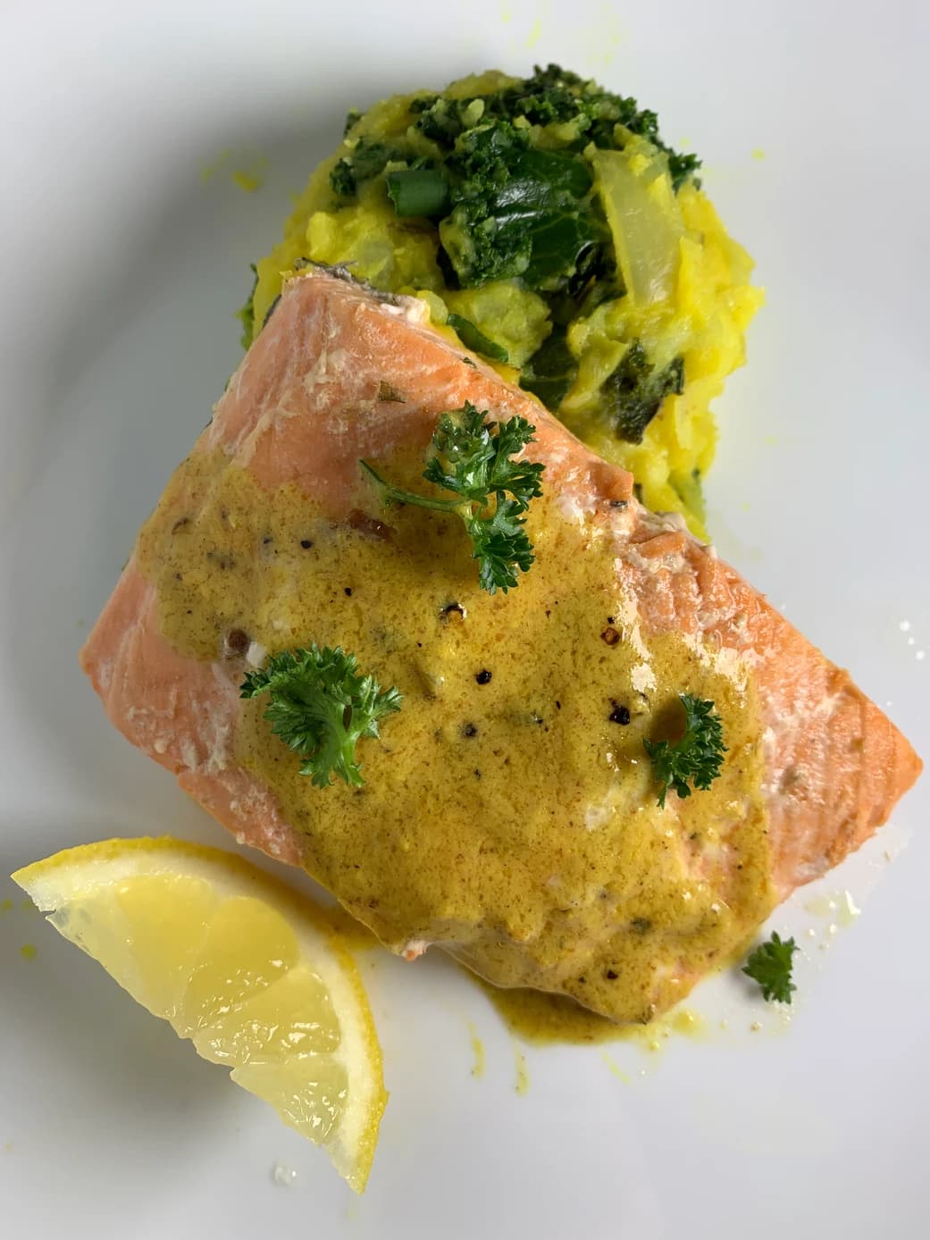 Pan Seared & Steamed Salmon with Mustard Glaze and Golden Colcannon